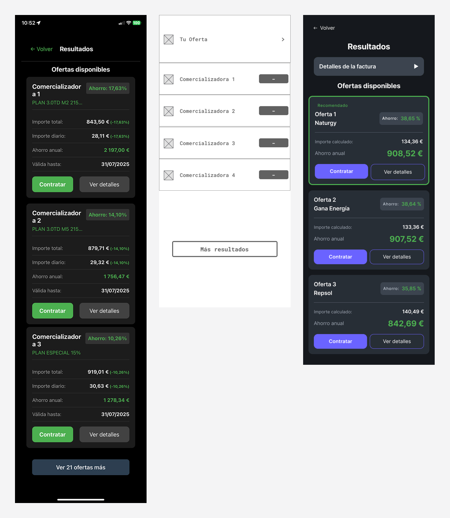 Lista de ofertas de Robin Luz: version anterior, wireframe y version final